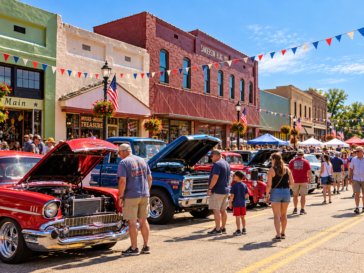 AI-generated concept visualization of a classic car show with visitors along a festively decorated historic Main Street