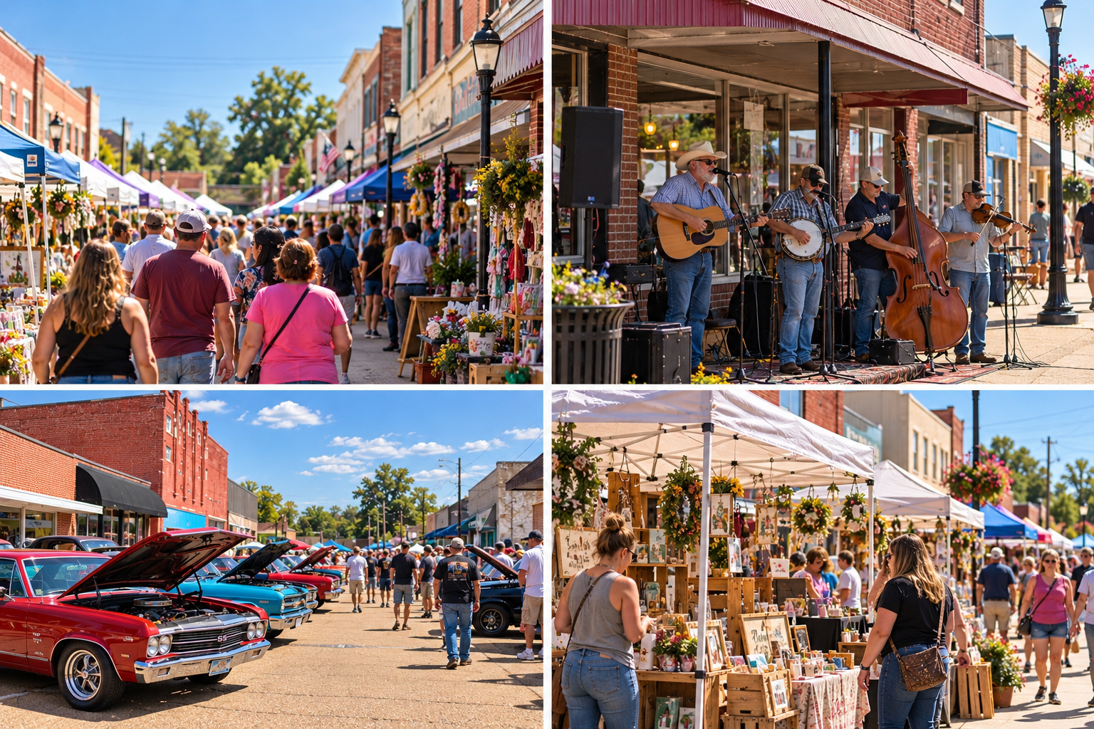 AI-generated four-scene collage visualizing festival vendor stalls, live bluegrass music, classic cars, and shopping