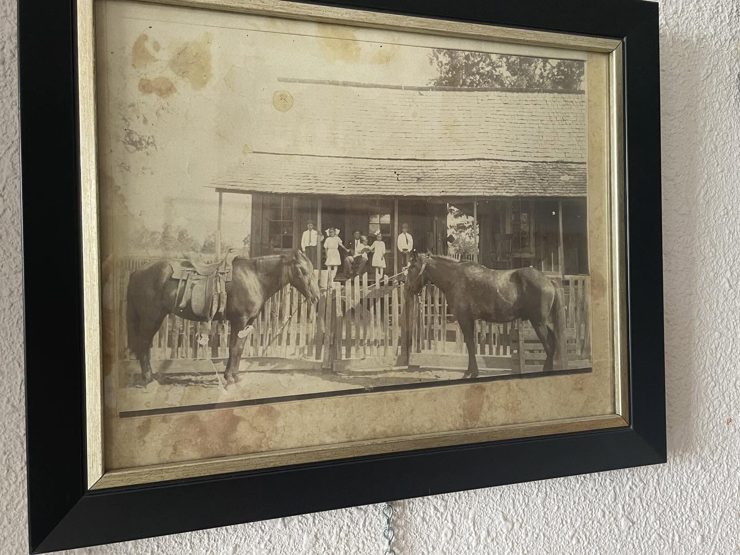 Original framed historical photograph showing a family, a home, and two horses